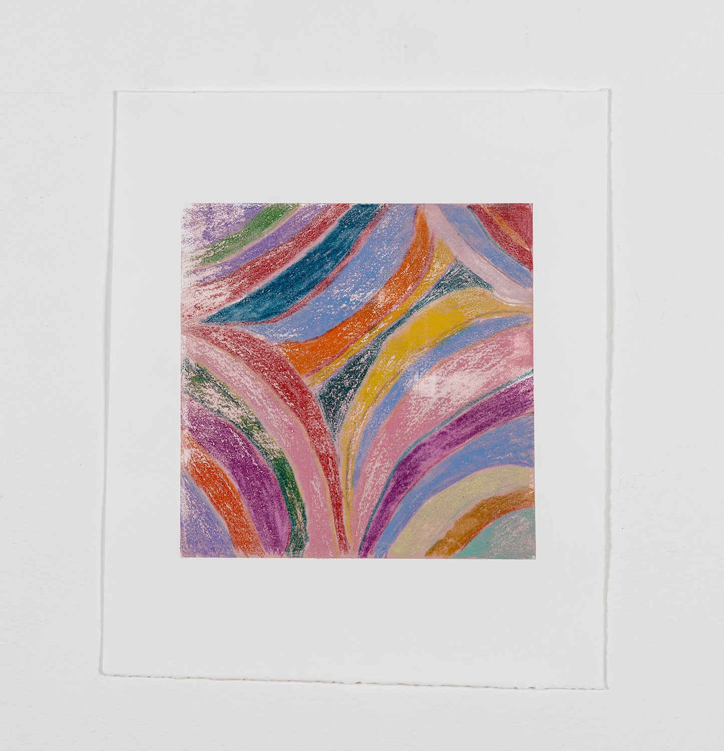 A monotype print of intersecting rainbow stripes. Each printed stripe maintains the texture of artist's delicate line work. The curved bars create a diamond in the middle of the image. The image is contained in a square printed on a larger piece of white paper.