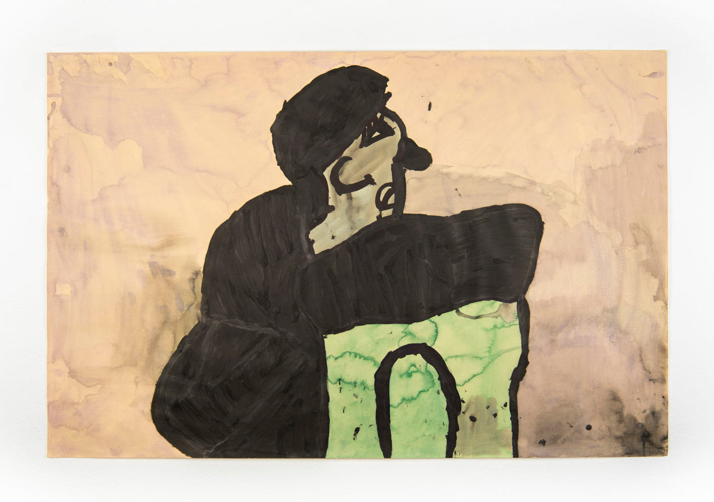 This mixed media piece is of a figure sitting. Their arm is resting on a green structure and they are gazing upwards. The background has muted washes of beige and black that contrast the black garments.