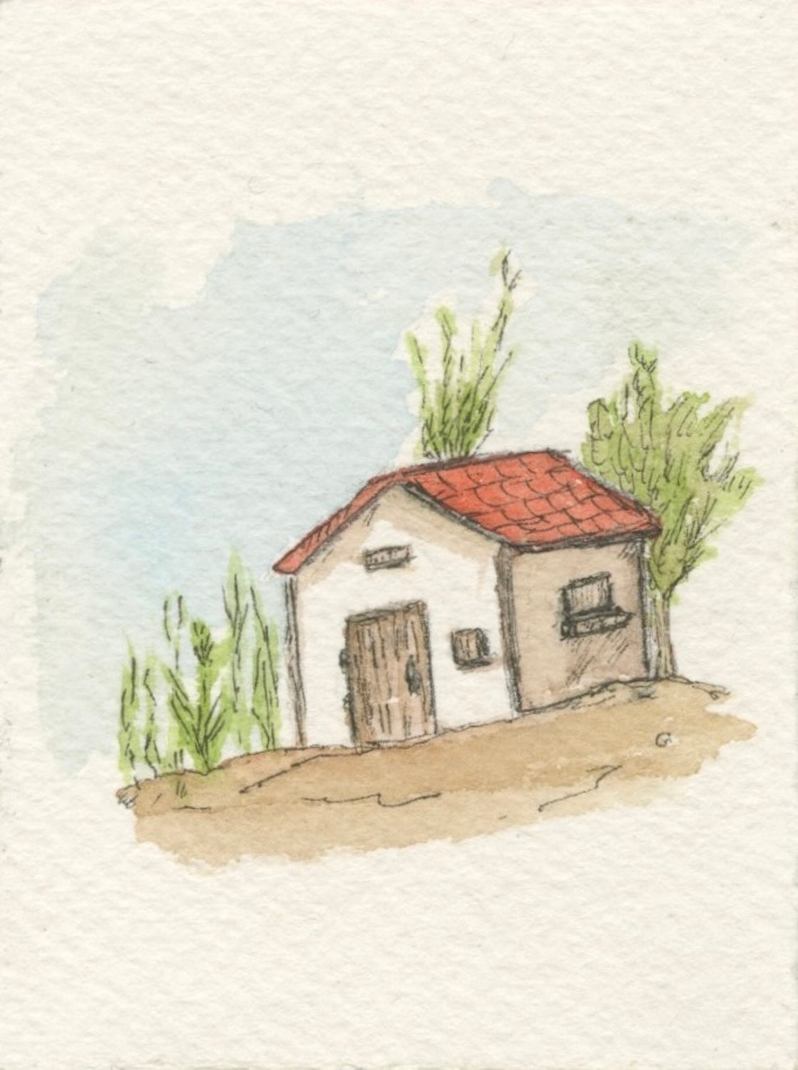 Watercolor drawing of a small white house with a red roof in a desert-like setting.