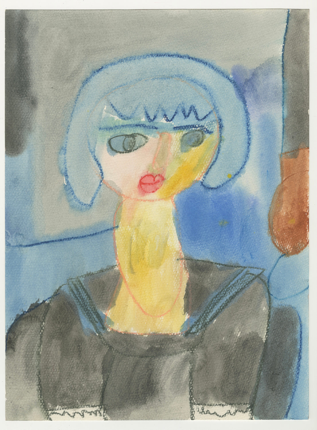 A watercolor painting of an abstract person with a minimal style. The figure has a light blue bob-shaped hairstyle, with large, exaggerated eyes outlined in dark blue and green. The face is a blend of pastel colors such as light pink and pale yellow, with bright red lips. The neck and part of the chest are painted in a soft yellow, transitioning into a dark grey or black garment resembling a shirt or dress with subtle texture details. The background consists of abstract washes of grey and blue.