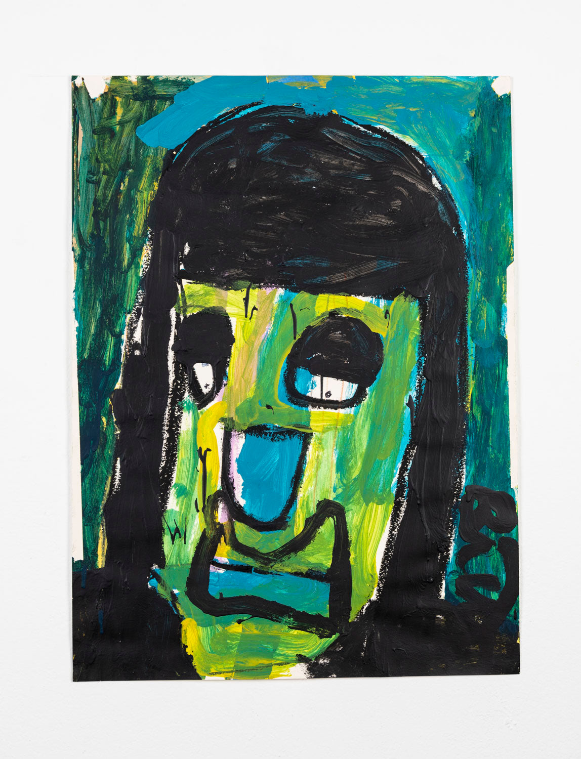 This abstract portrait of a figure utilizes black paint to indicate their hair and facial features. The skin is various shades of green, yellow and blue, which complement the blue-green background. There is a painterly style in the mark making, the brush strokes creating a textured effect.