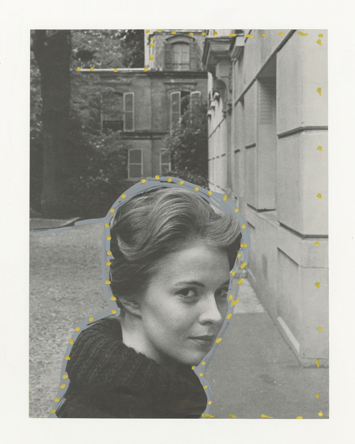 This mixed media piece incorporates gold and grey elements on a found magazine page. The magazine page contains a photograph of a woman who is looking directly at the camera. There are gold dots that outline the woman's silhouette, alongside the border of the image. There is also a grey outline of the woman's silhouette.