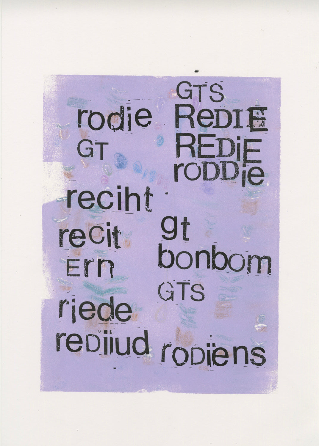 A mixed media print on white paper. The background is a square of pale lavender with the outlines of shapes on the surface. Printed onto the paper are letters to form names and sounds.