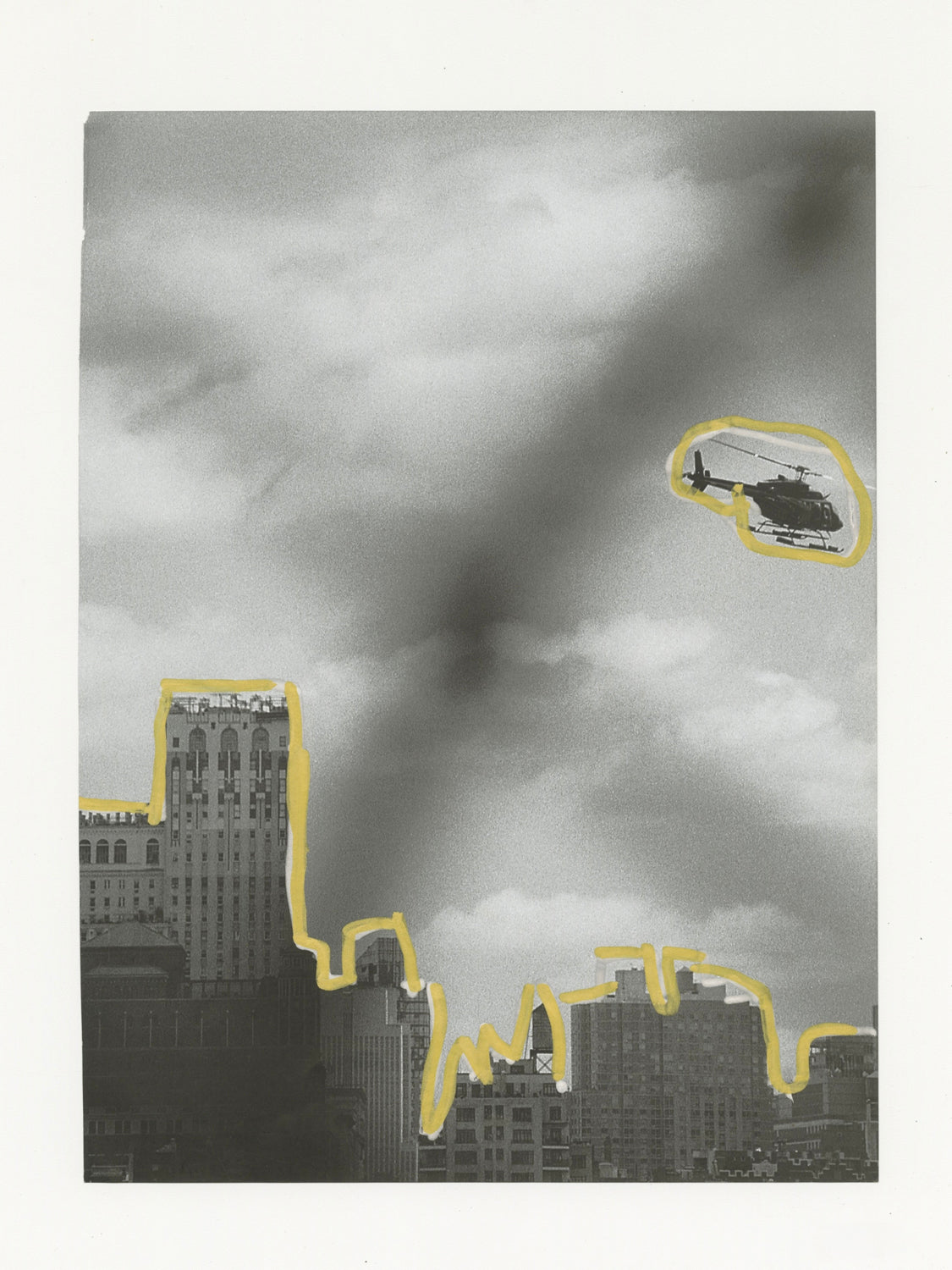 This mixed media piece incorporates gold and grey elements on a found magazine page. The magazine page contains a photograph of a cityscape with a helicopter on the right of the image. The helicopter and the borders of the buildings are outlined in grey and gold.