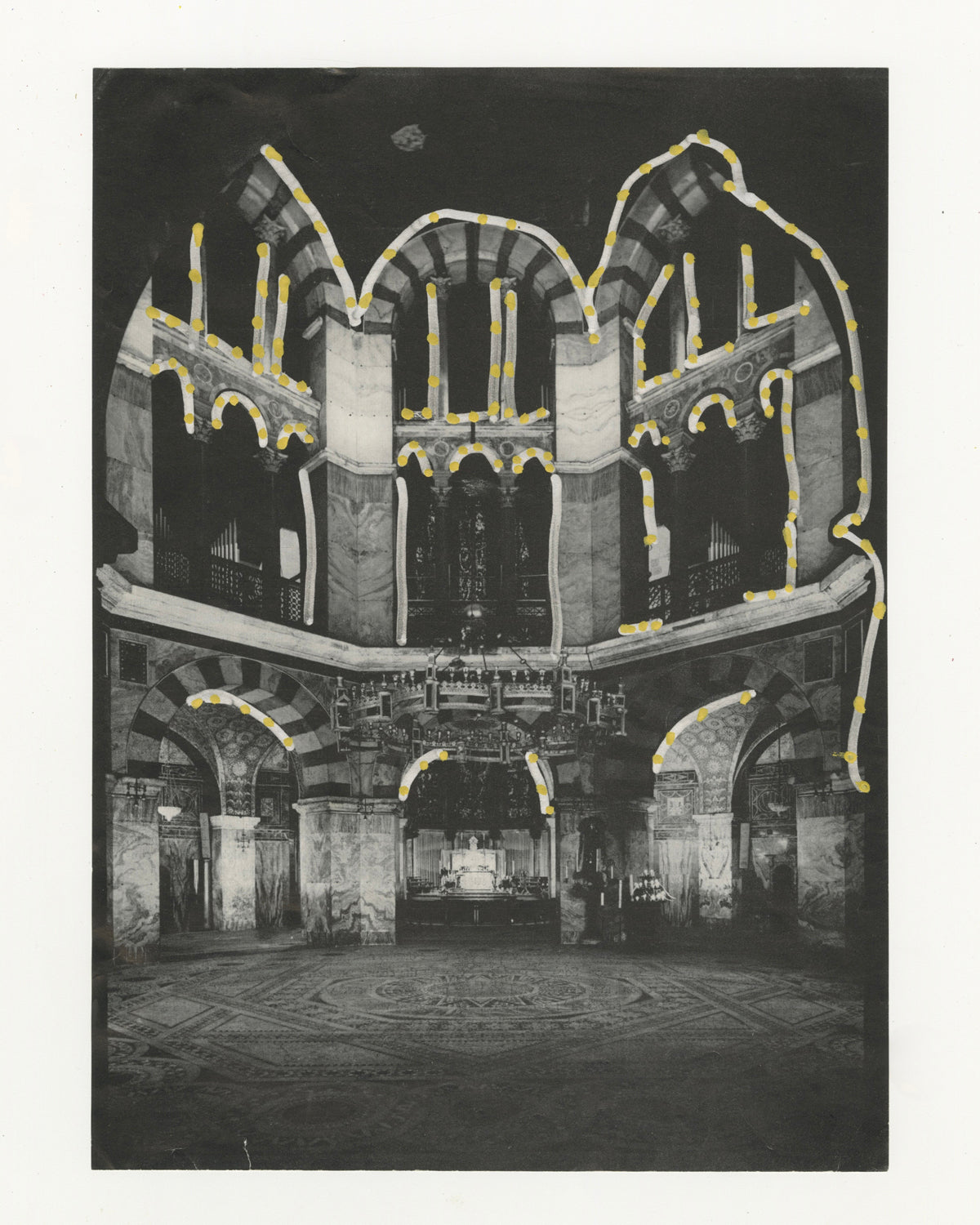 This mixed media piece incorporates gold and grey elements on a found magazine page. The magazine page contains a photograph of the Palatine Chapel. The arches of the chapel are outlined with grey marker and gold dots.