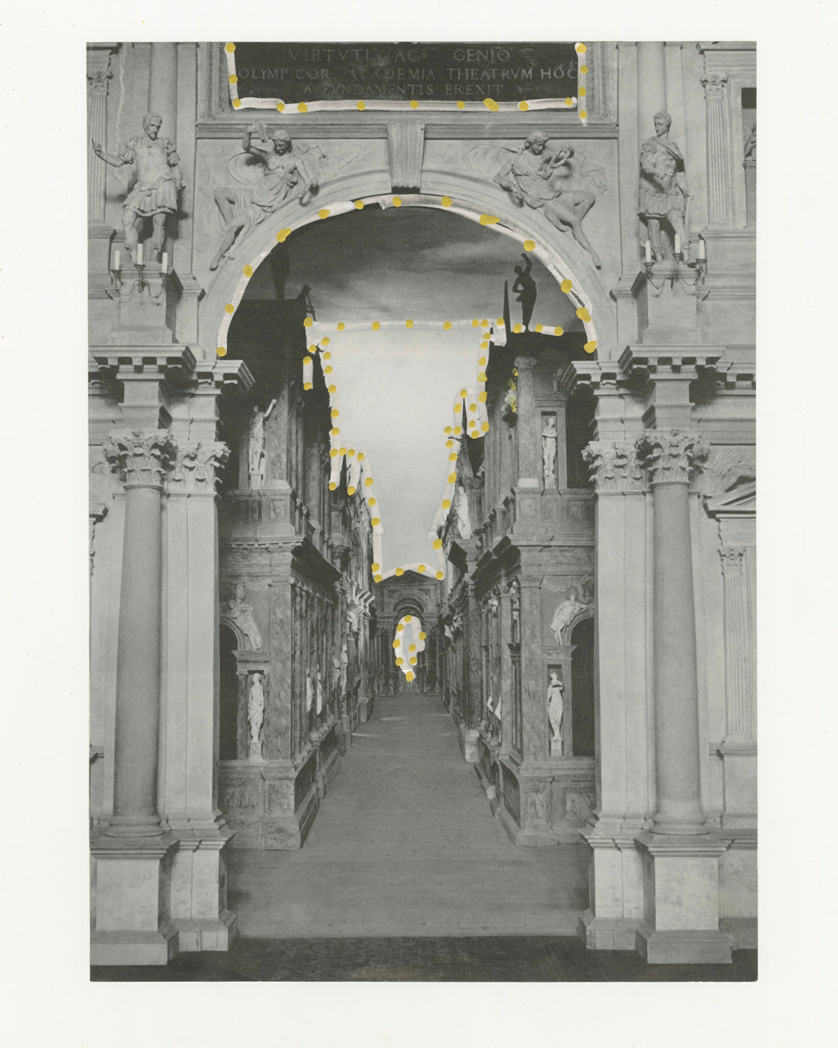 This mixed media piece incorporates gold and grey elements on a found magazine page. The magazine page contains a photograph of the Olympic Theater. The tops of the buildings, alongside the plaque at the top of the image is outline in grey, alongside gold dots.