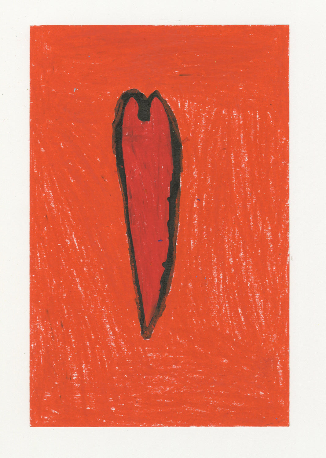 A drawing of a heart in the center of the piece. The heart is outline in black and colored in red against an orange background.
