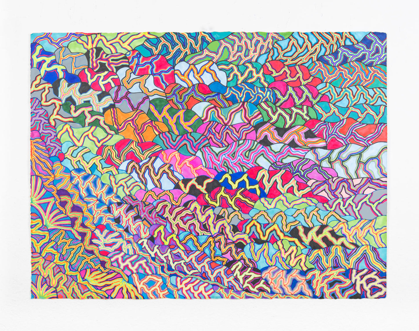 This drawing repeats a 'V' shaped pattern across the entire piece. The pattern is depicted in vibrant colors, with varying shades of blue, green, yellow, pink and purple to create a hypnotizing effect.