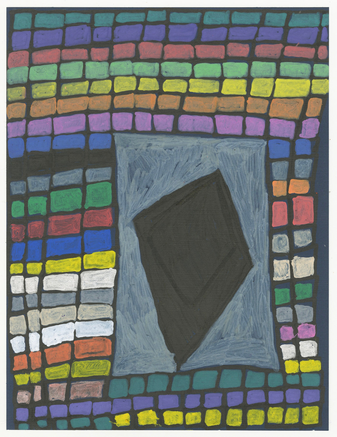 A rainbow brick-patterned artwork with a central black square. Inside the square is a black diamond.