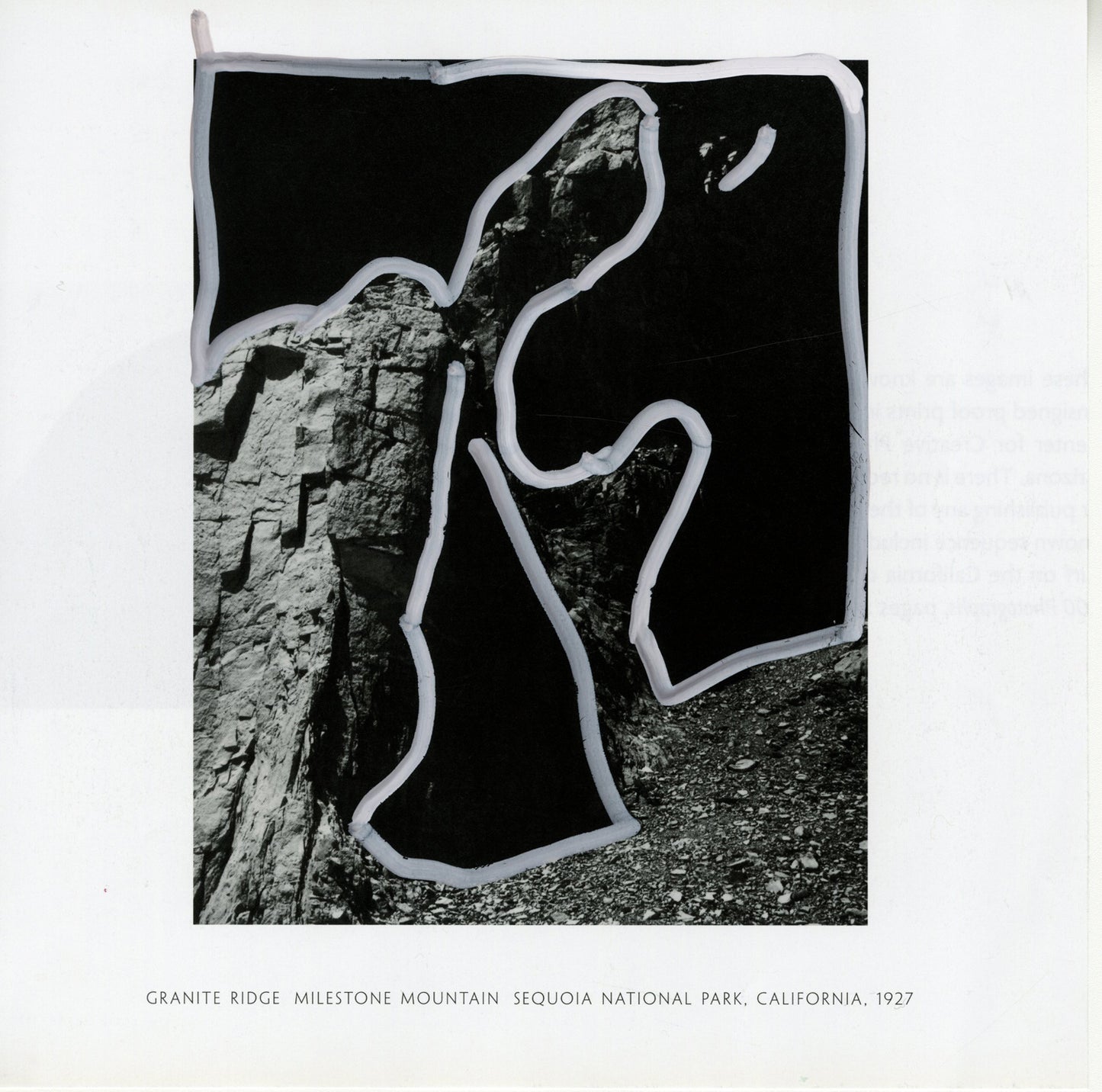 Black and white photograph of a mountain ridge with a white outline, labeled "Granite Ridge, Milestone Mountain, Sequoia National Park, California, 1927."