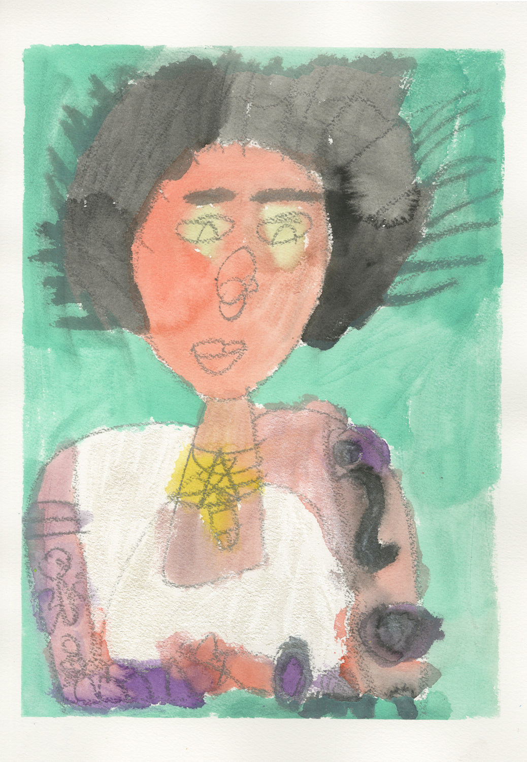 A watercolor and pencil drawing on paper. The image is a portrait of a figure, featuring their head and shoulders. The figure has short black hair, a pink face with yellow eyes, and a white top. They wear a yellow star necklace and have designs resembling tattoos on both arms. They clasp their hands in front of their body and look down. The background is painted green.