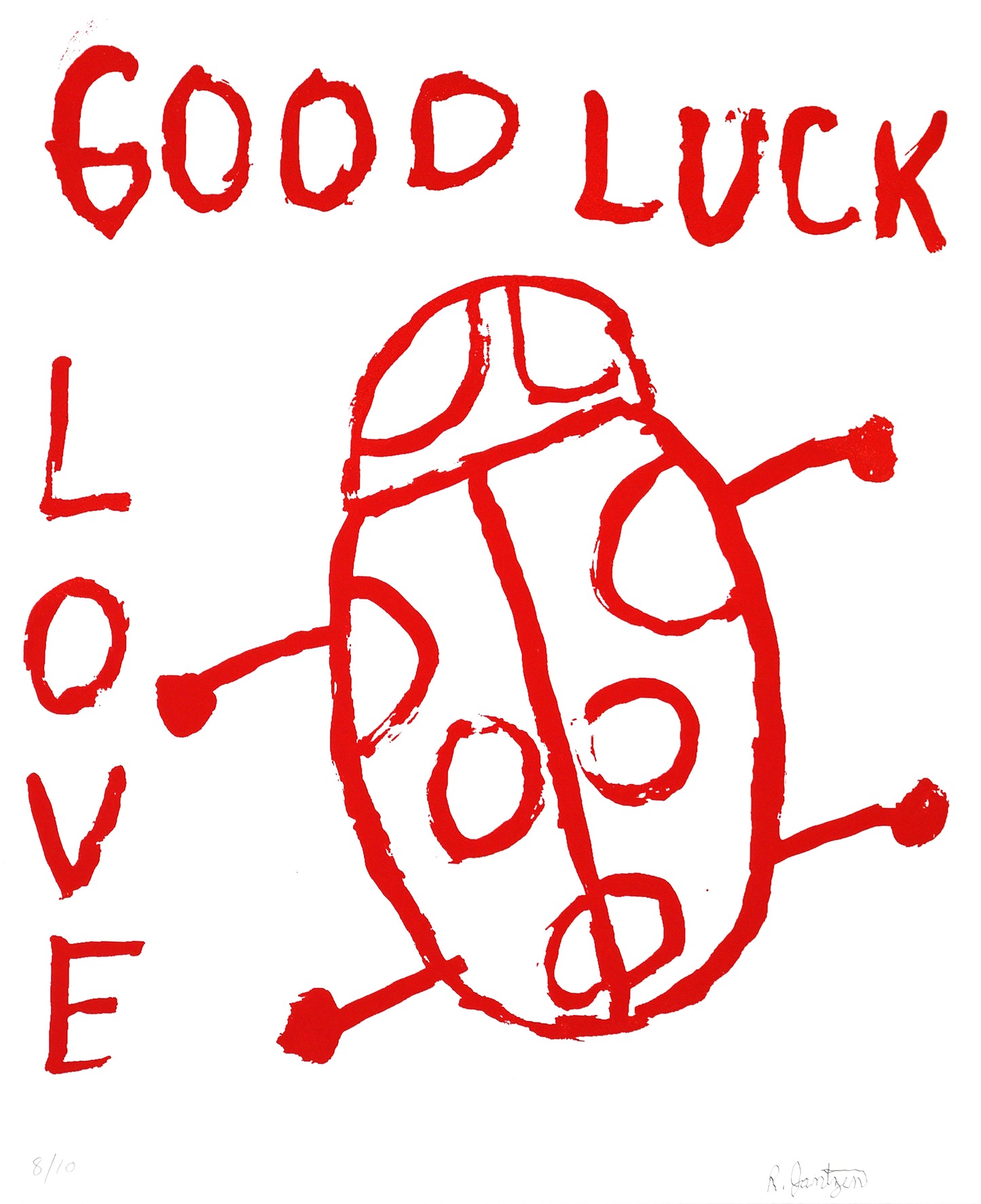 the words "good luck love" in red along the top and side border, next to a red ladybug, legs splayed.