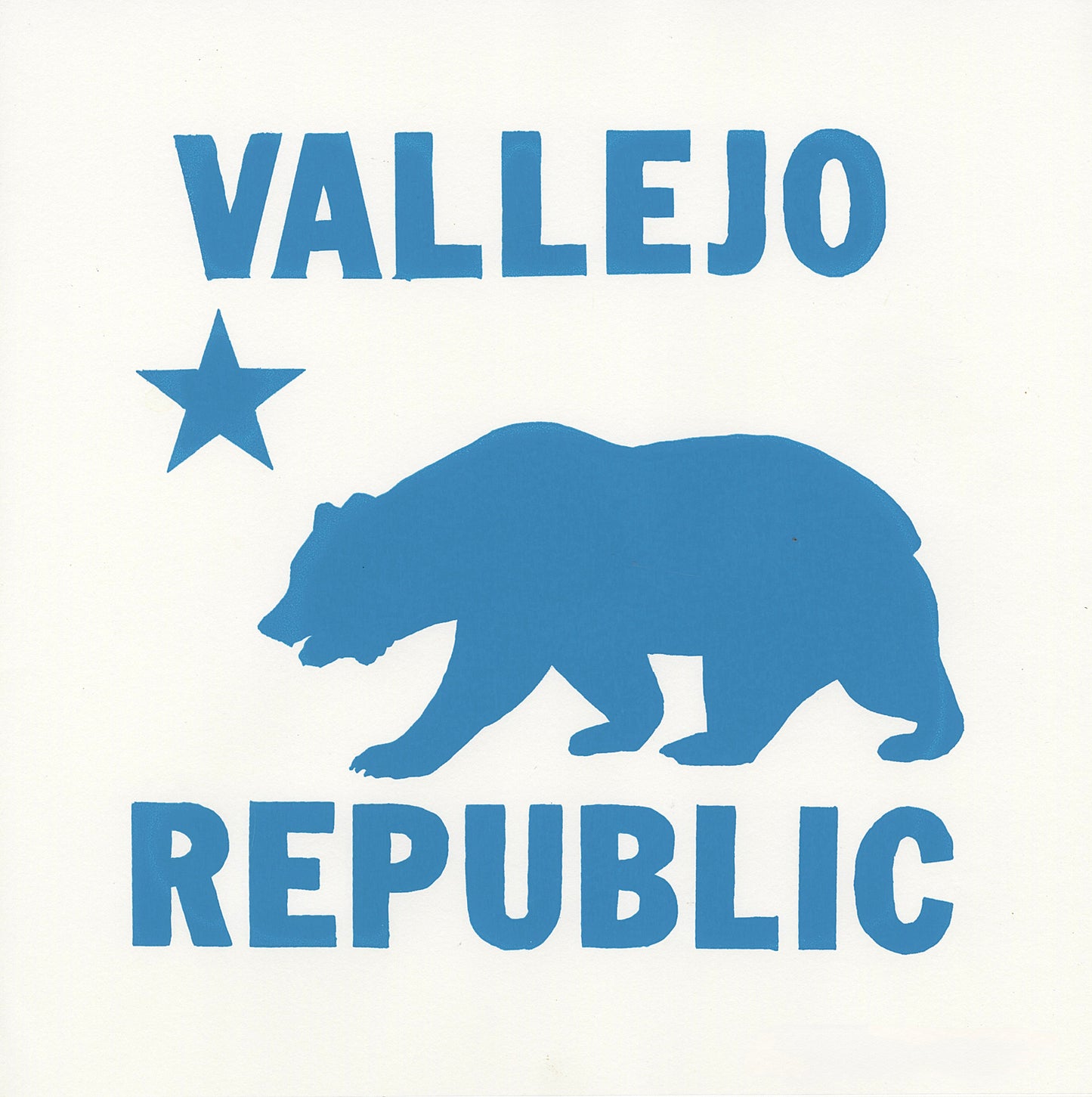 A take on the California flag - a grizzly bear in profile silhouette, a star, and the words "Vallejo" at the top and "republic" at the bottom in bold sans serif font. Turquoise design on white background.