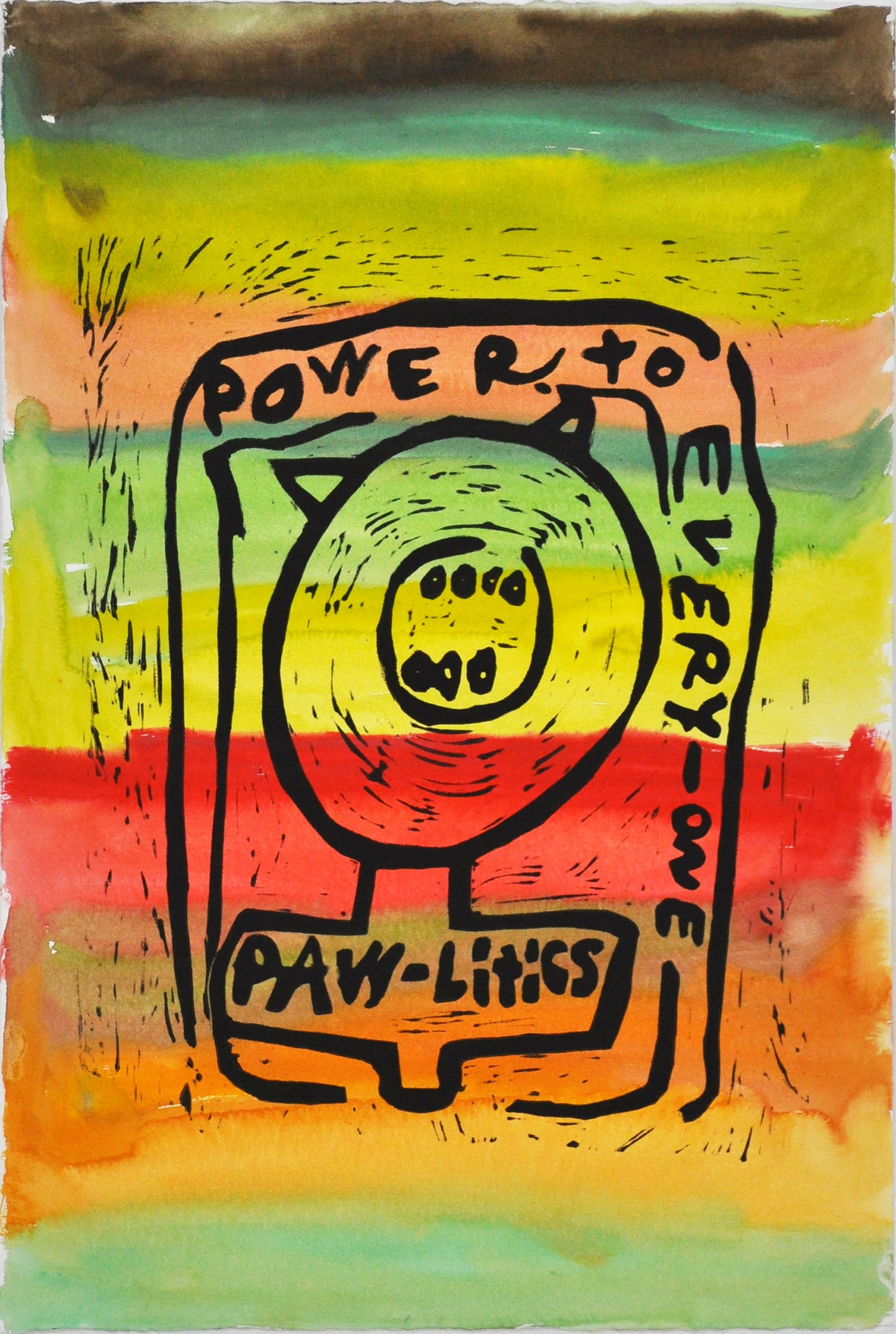 A black printed logo of a cat paw curled and raised in a powerful fist. Hand-lettered text around the paw reads, “Power to Every-one. Paw-litics” The background is horizontal rainbow stripes painted with watercolor.