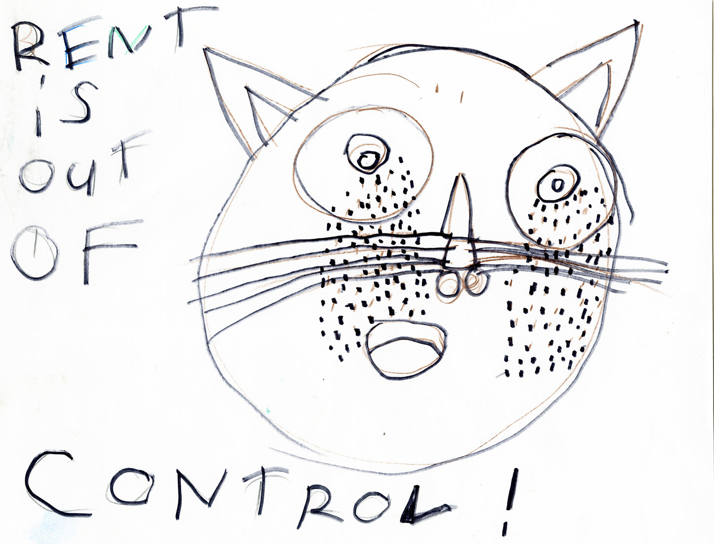 A horizontally oriented composition of a cat's head, with wide-open eyes, many dots on its cheeks, and a round face. Large handwritten text reads "Rent is out of control!"