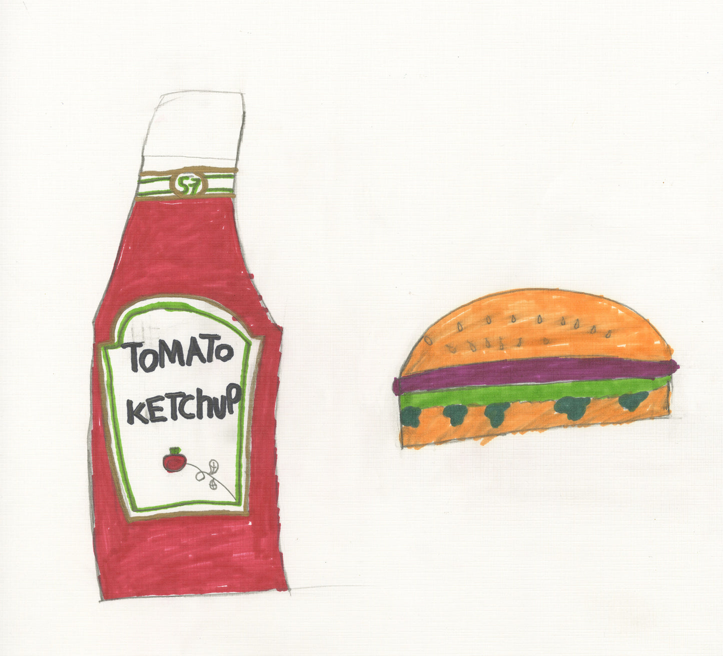 A drawing of a bottle of tomato ketchup and a hamburger with a seeded bun and lettuce on a white background.