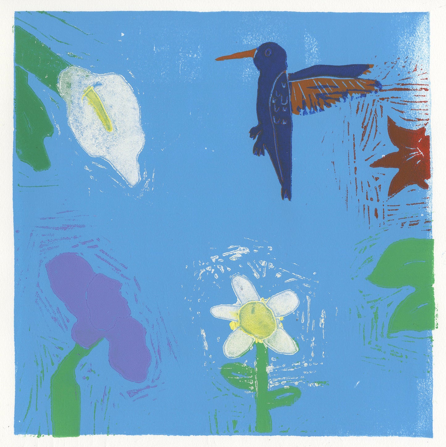 Colorful illustration of a hummingbird and flowers on a blue background