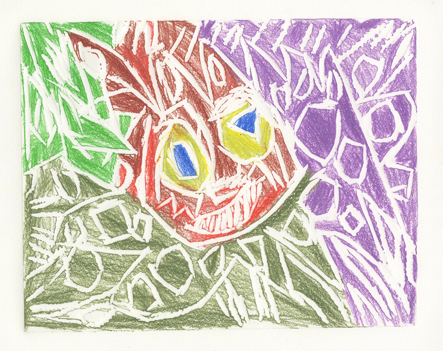 A multicolored print of a smiling face emerging from circular and triangular shapes, against a white background.