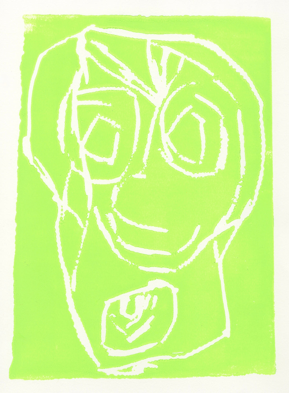 A neon green print of a closeup face with wide eyes and an open mouth, against a white background.