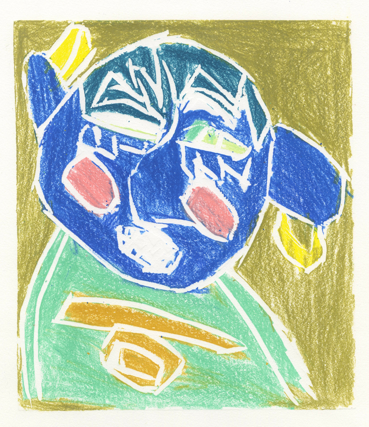 A multicolored print of a figure with blue skin against an army green background and white border.