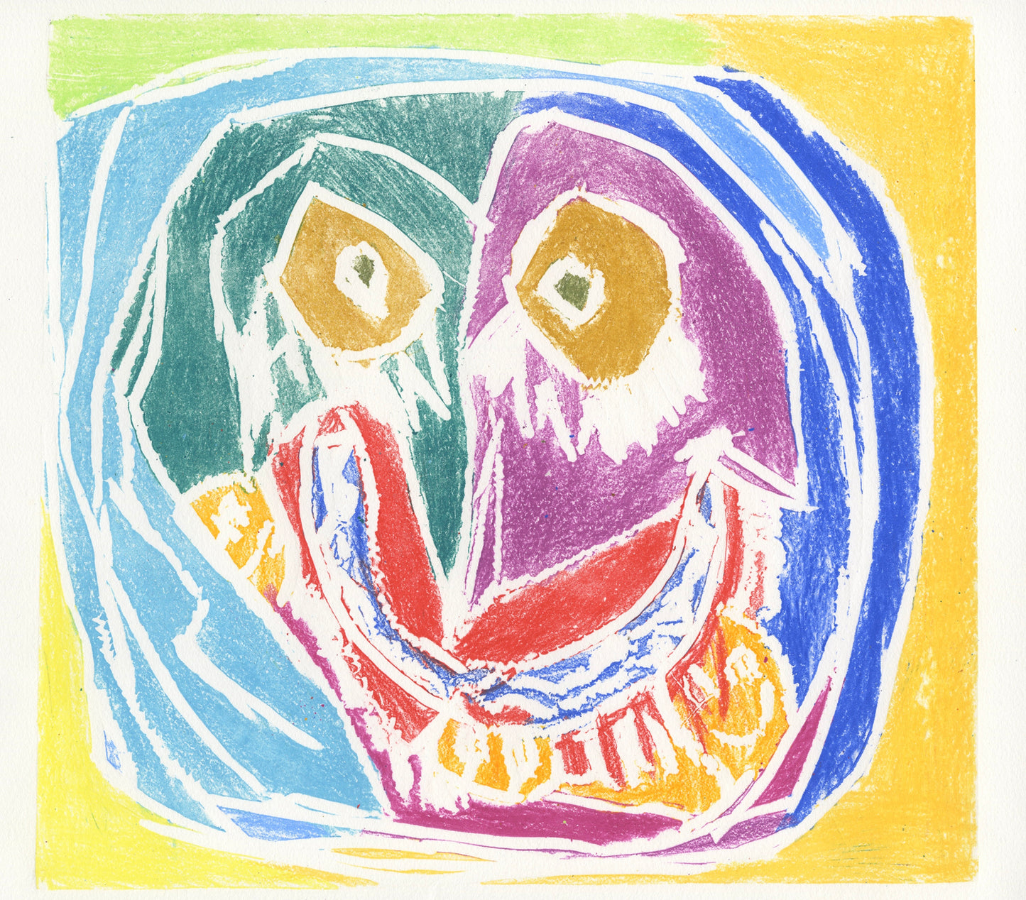 A multicolored print of a closeup face with a pointy nose and menacing smile.