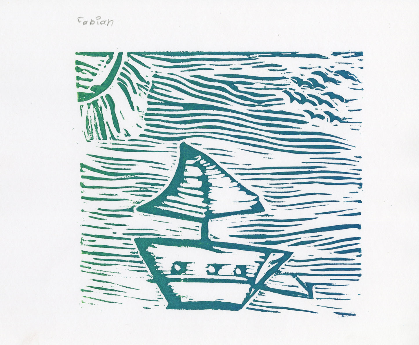 A print on white paper with green ink. The image shows a sailboat on wavy lines of the ocean, gulls, and a sun.