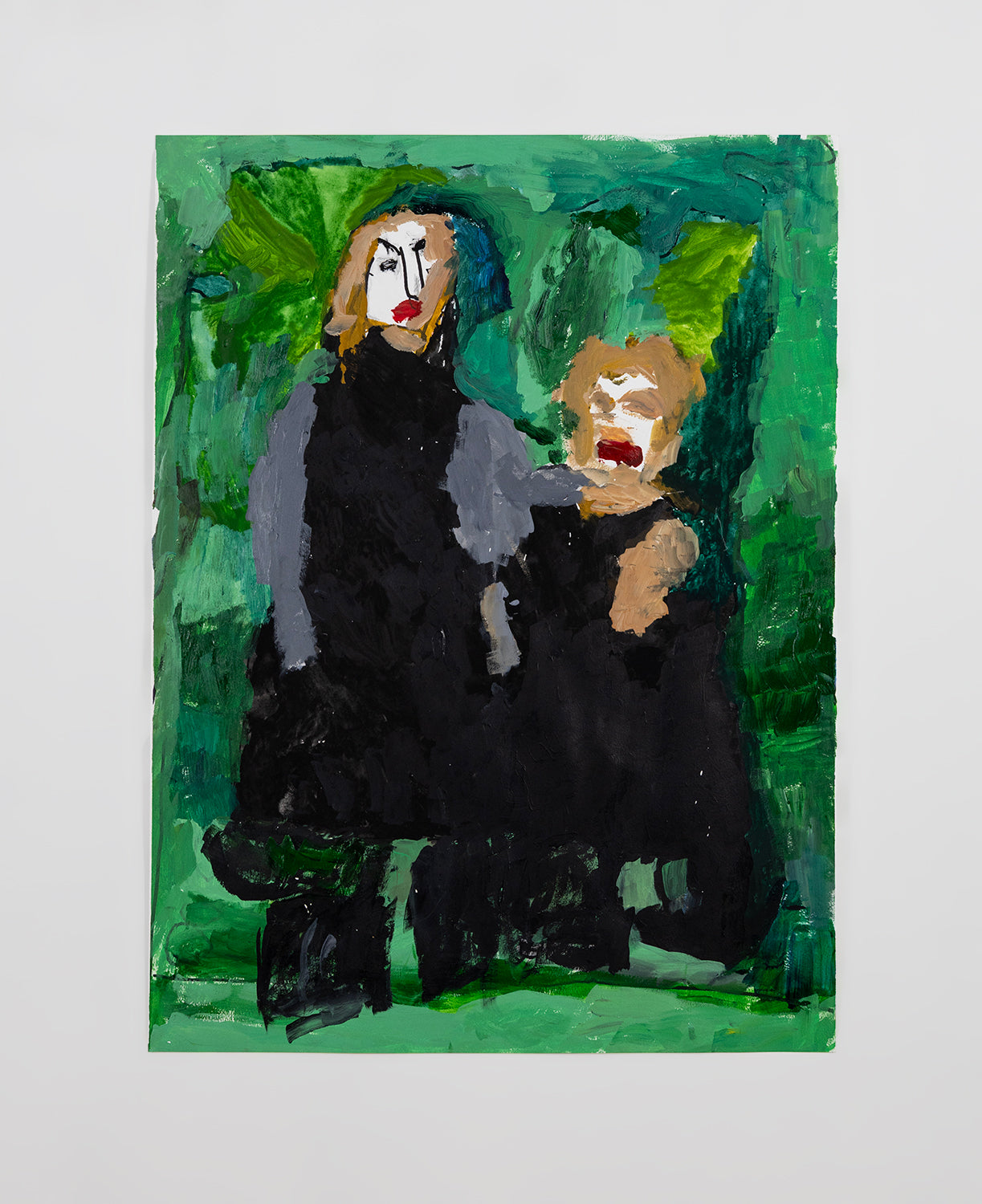 A painting of two figures in black robes standing side by side before a mottled green background. Each figure has a white head with bright red lips. The figure on the left is taller than the one on the left. The paint is applied thickly in an expressive, painterly style.