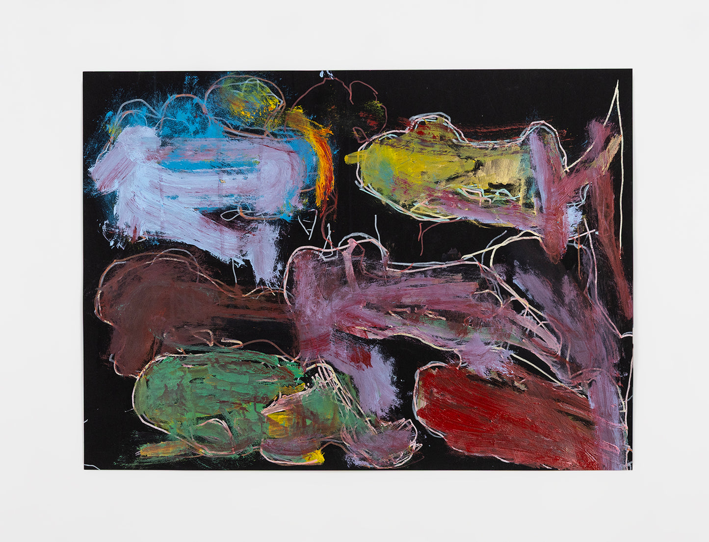 An abstract painting with colorful shapes on a black background