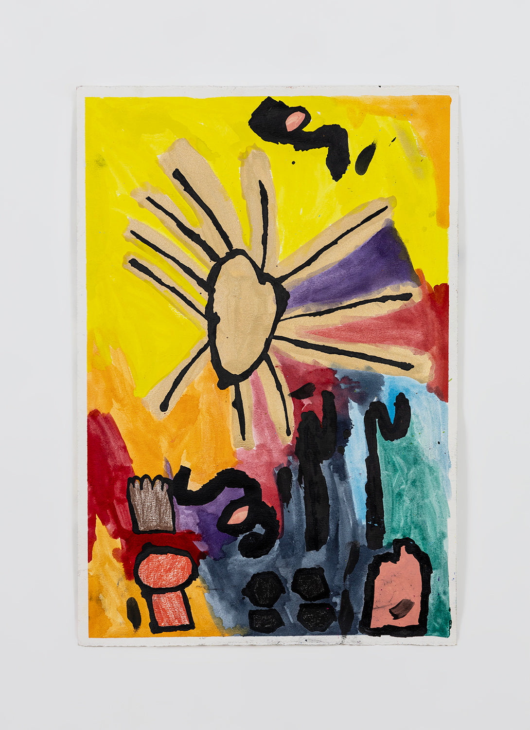 A mixed media work on paper made with watercolor, ink, and crayon. The image features various symbols floating on a multi-colored background. The symbols include a sun shape, as well as round and calligraphic forms.