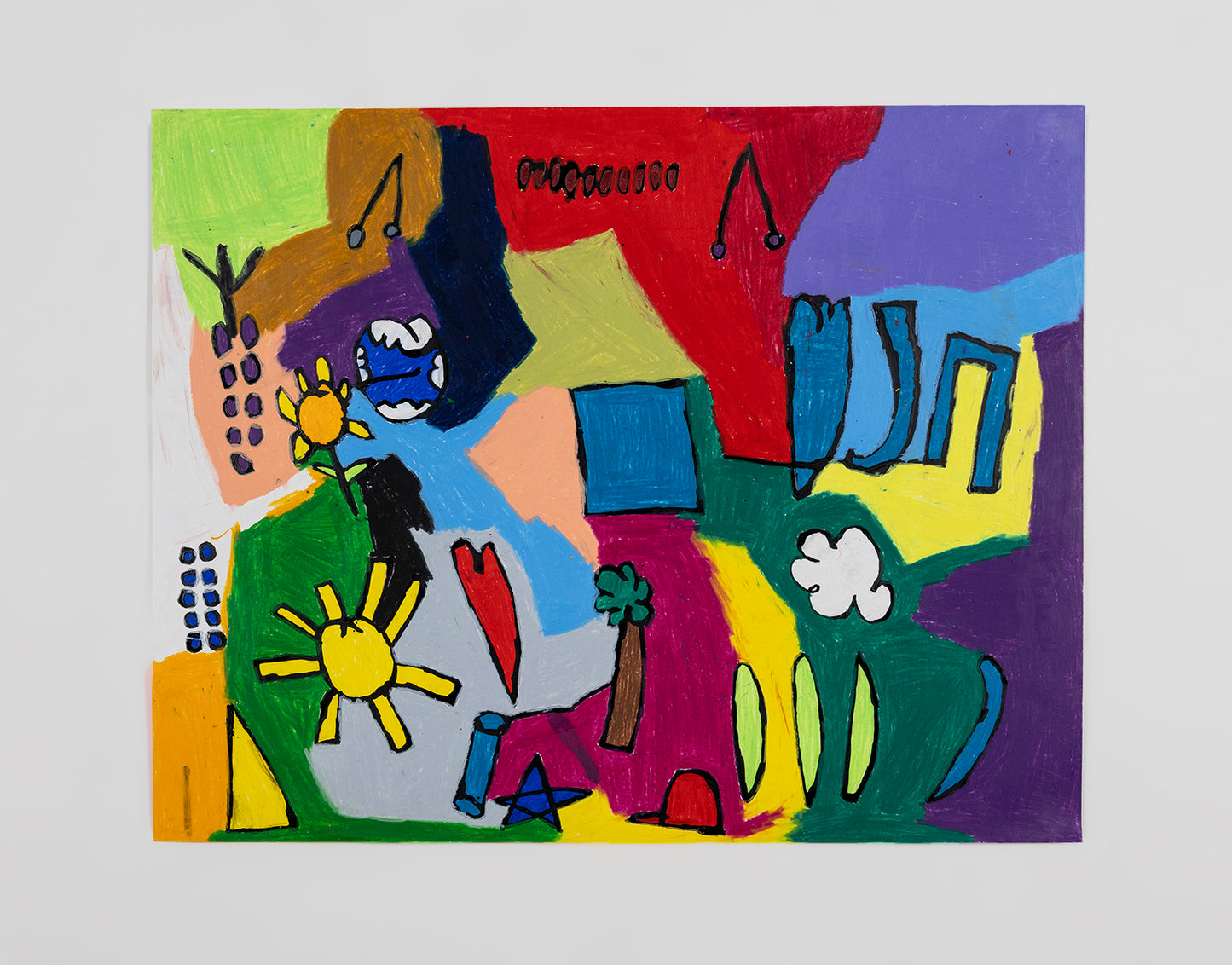 A work on paper featuring symbols floating on a multicolored background. The symbols include a tree, grapes, flowers, the whole world, the sun, a heart, and a cloud. The background is dividing into different shapes, like an abstract stained glass surface, where multiple colors intersect with each objects.