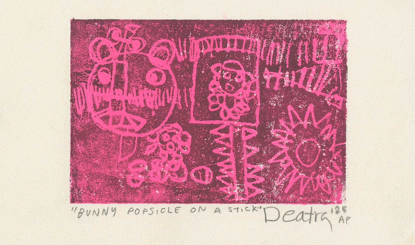 Print of a bunny on a popsicle stick with abstract patterns, in pink ink on cream-colored paper, signed 'Deatra' and dated '25 AP'