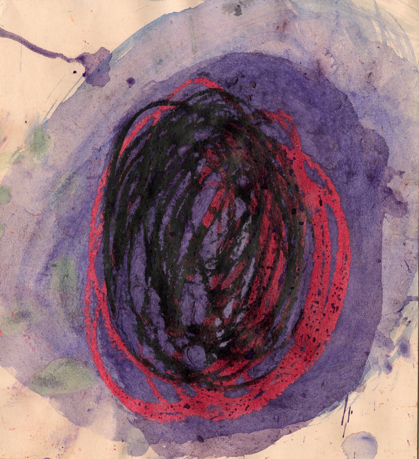 This mixed media abstract work has repeated circular markings in the center. these marks are made on top of a purple wash of paint in both black and neon pink.