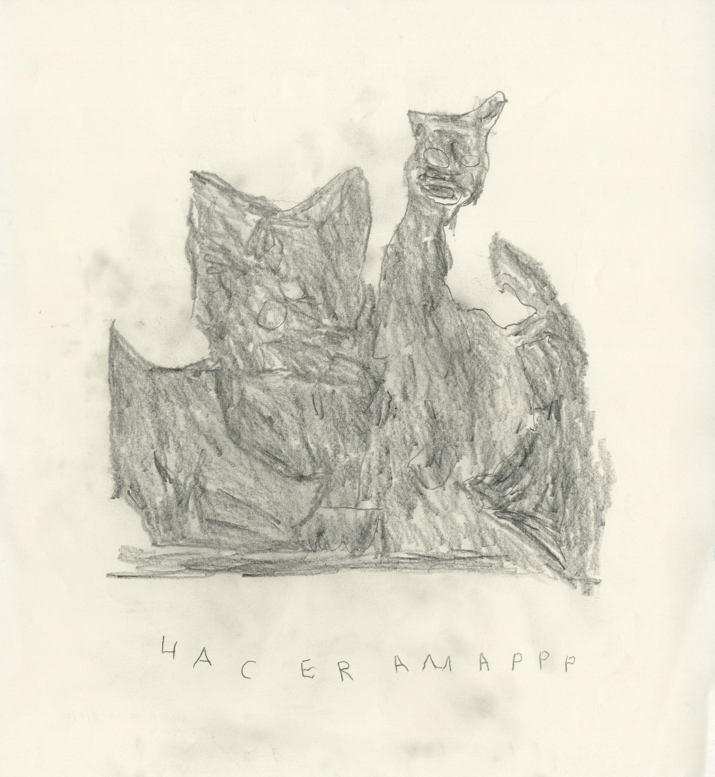 A graphite drawing on square piece of white paper. An abstracted, hazy grey form in the center represents two cats, or their shared shadow -- their individual edges and features merge softly together as though the cats are cuddling. The artist has signed their name in all capital letters along the bottom edge.