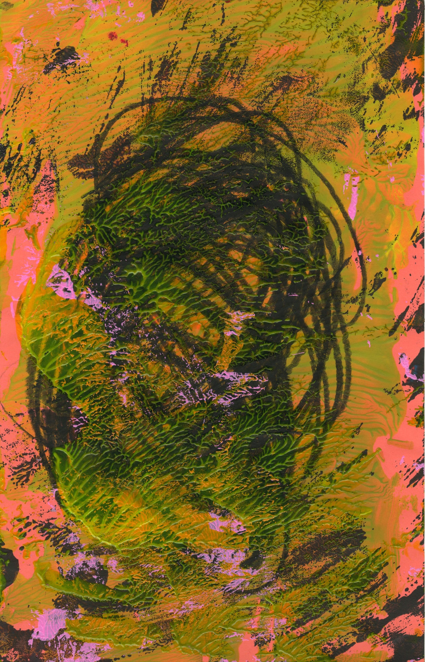 This mixed media abstract work has repeated circular black markings in the center. There is bright yellow paint that interrupt the black markings, providing a strong sense of contrast. The background is busy and vibrant, with organic gestures painted the same shade of yellow against the neon pink background.