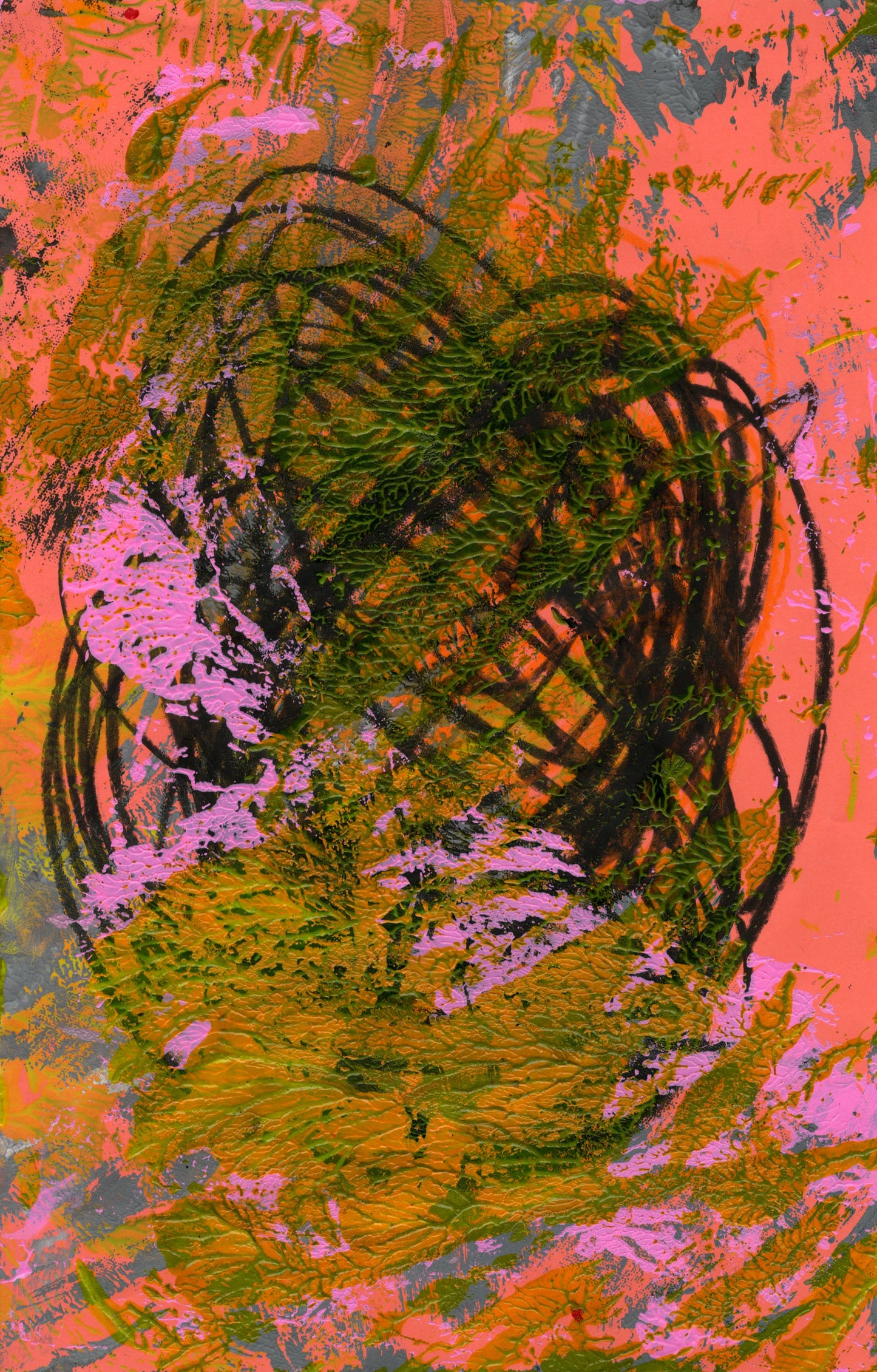 This mixed media abstract work has repeated circular black markings in the center. There are bright purple and dark yellow splatters that interrupt the black markings, providing a strong sense of contrast. There are grey markings in the bottom left and top right corner, against a neon pink background.
