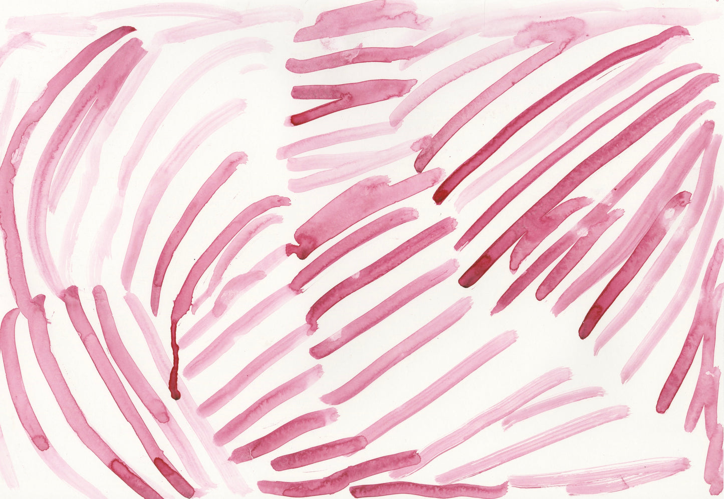 an abstract pattern painting on white paper. Columns of long diagonal dashes are painted in dark red watercolor and fill the surface of the page.