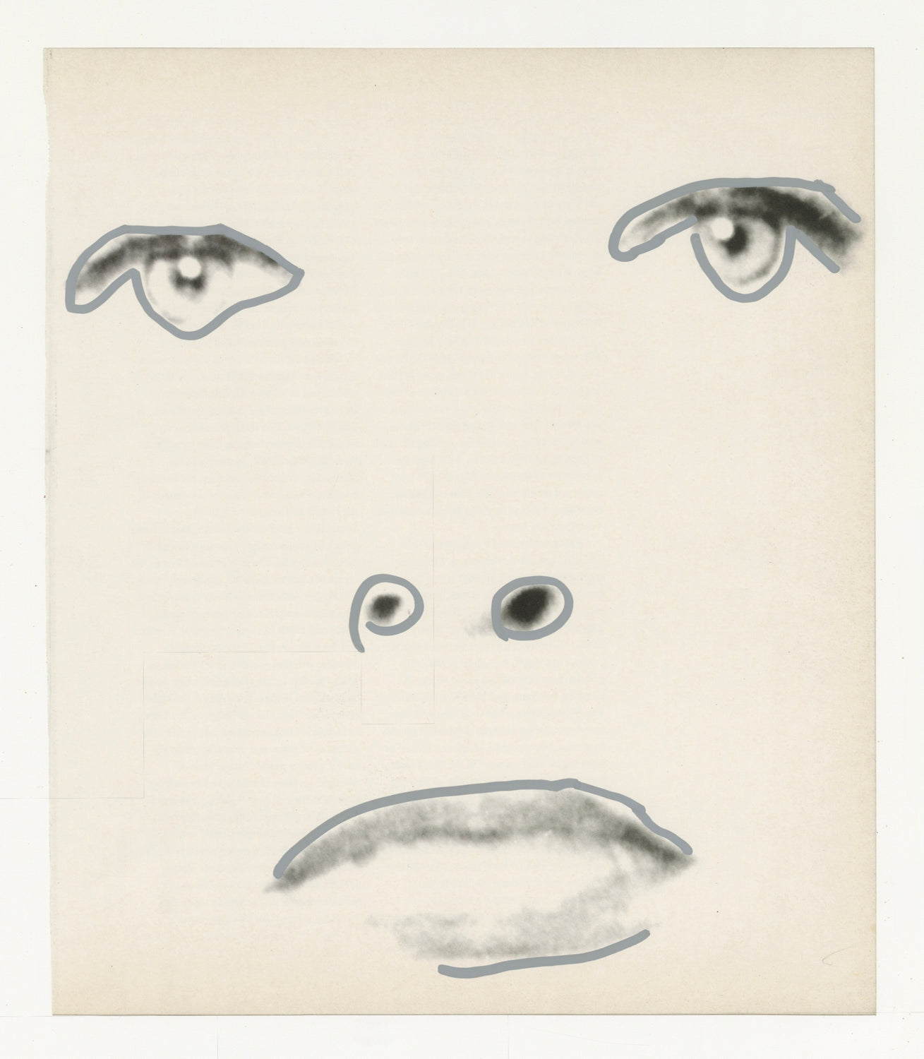 This mixed media piece incorporates grey elements on a found magazine page. The magazine page contains a close up photograph of a face, featuring their eyes, nose and mouth. Each facial feature is outlined abstractly with grey marker.