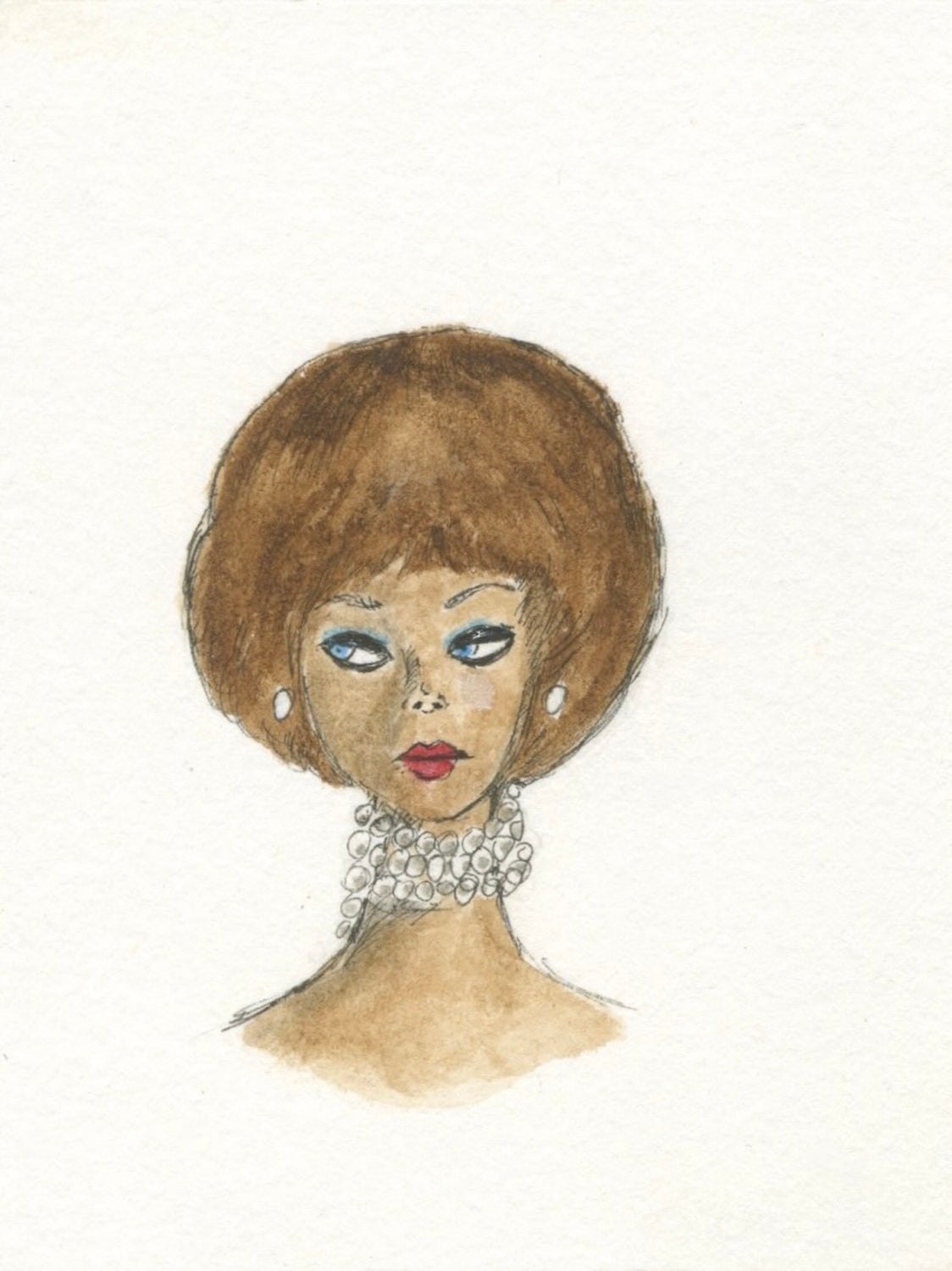 Watercolor Illustration of a vintage barbie doll head with a bob haircut and pearl earrings against a white background.