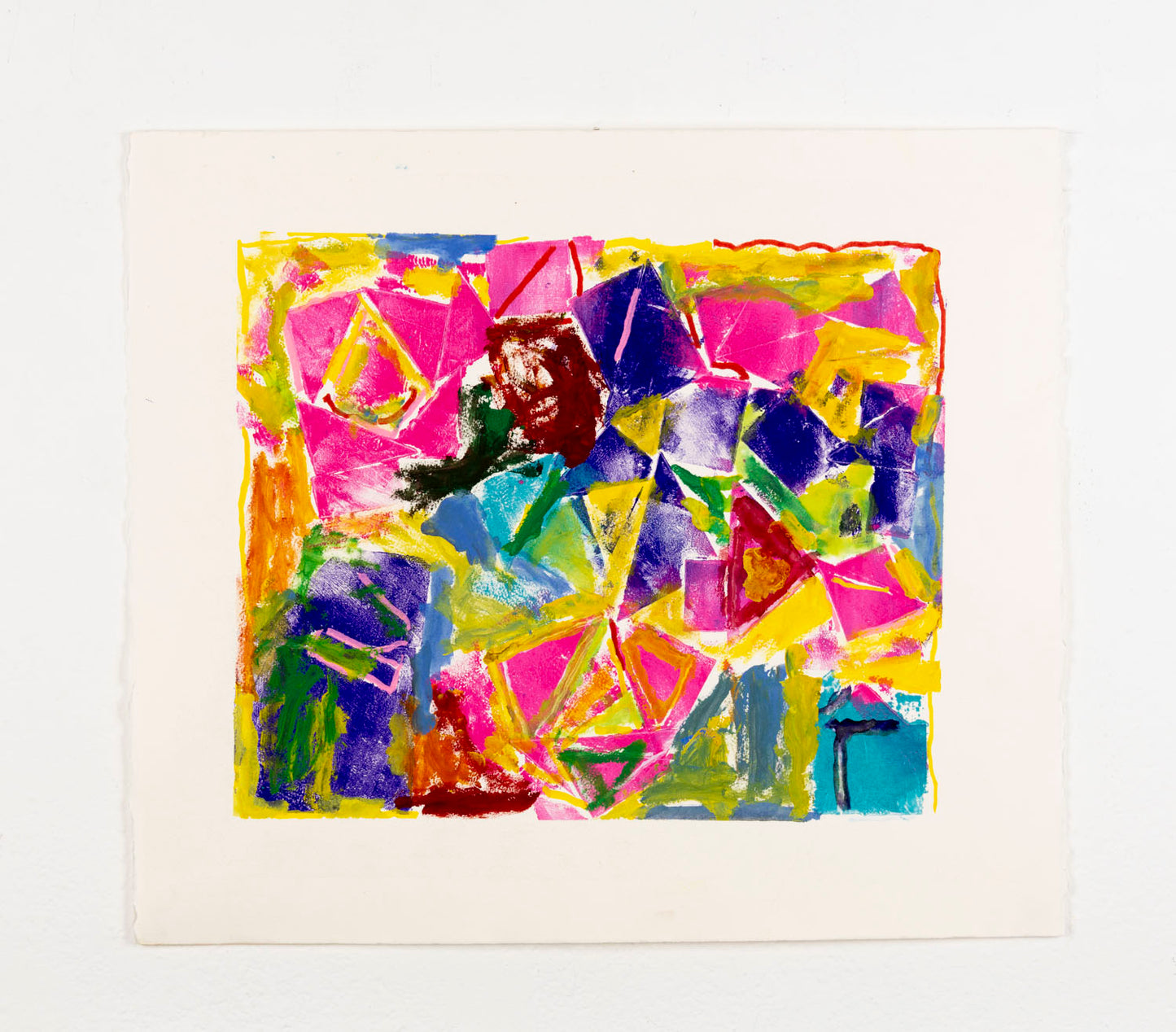 This abstract drawing has geometric elements that overlap one another. The majority of the piece is yellow, with the shapes being a bright pink, red and blue to contrast against the white paper.