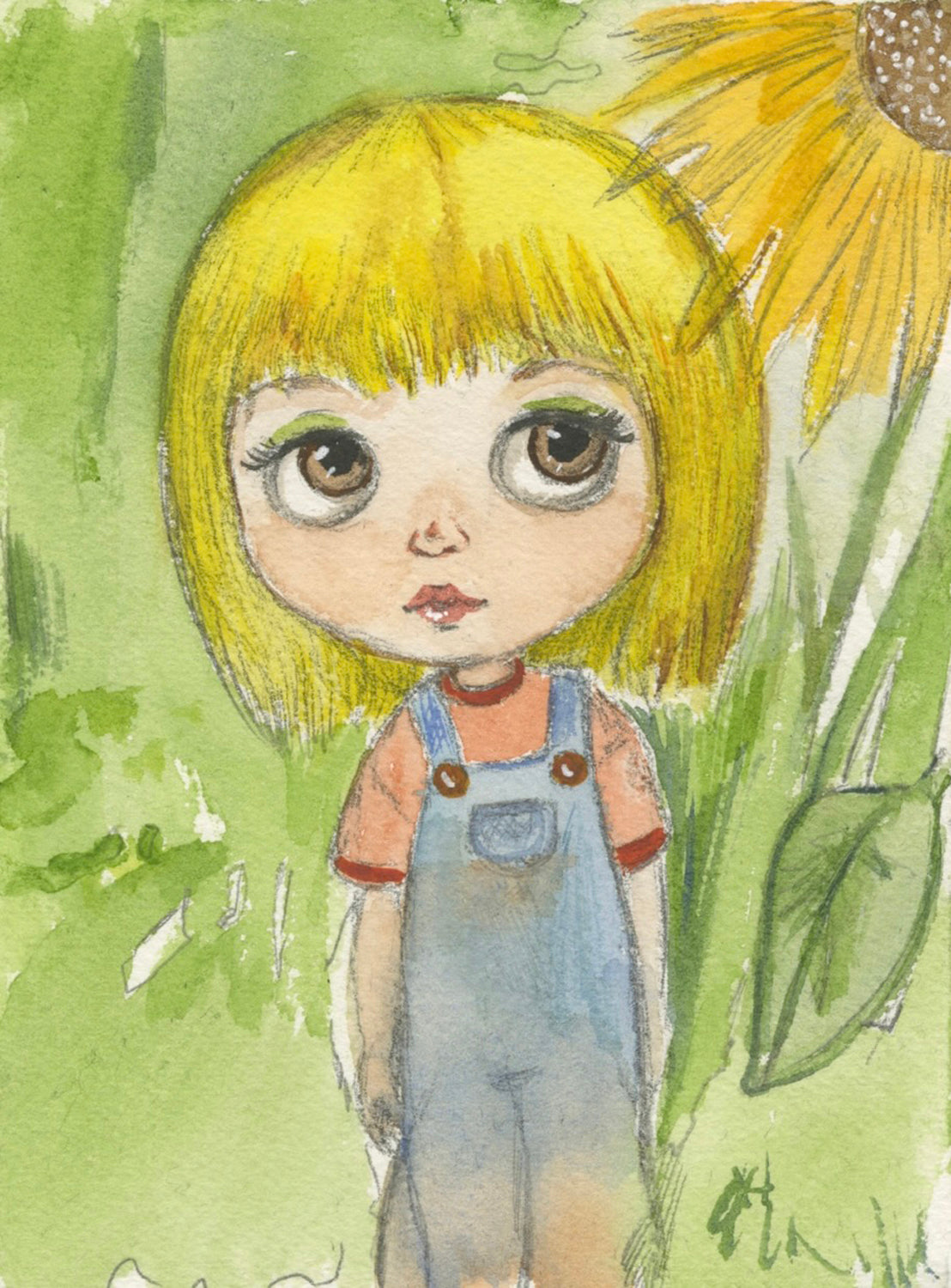 Watercolor illustration of a girl with large brown eyes, blonde hair, and blue overalls standing in a grassy area with a large sunflower towering over her.
