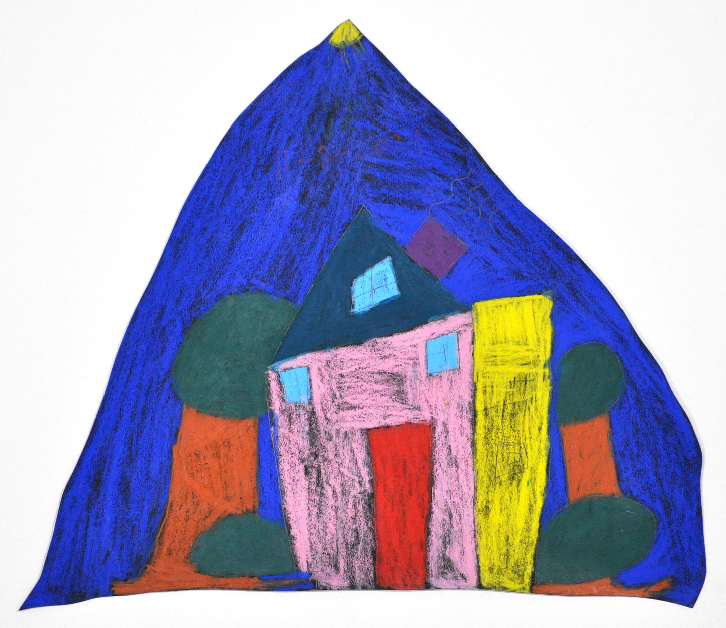 A piece of paper cut in the shape of a mountain, the mountain is royal blue with a yellow tip. In the foreground is a pink house with a red door, surrounded by 4 trees.