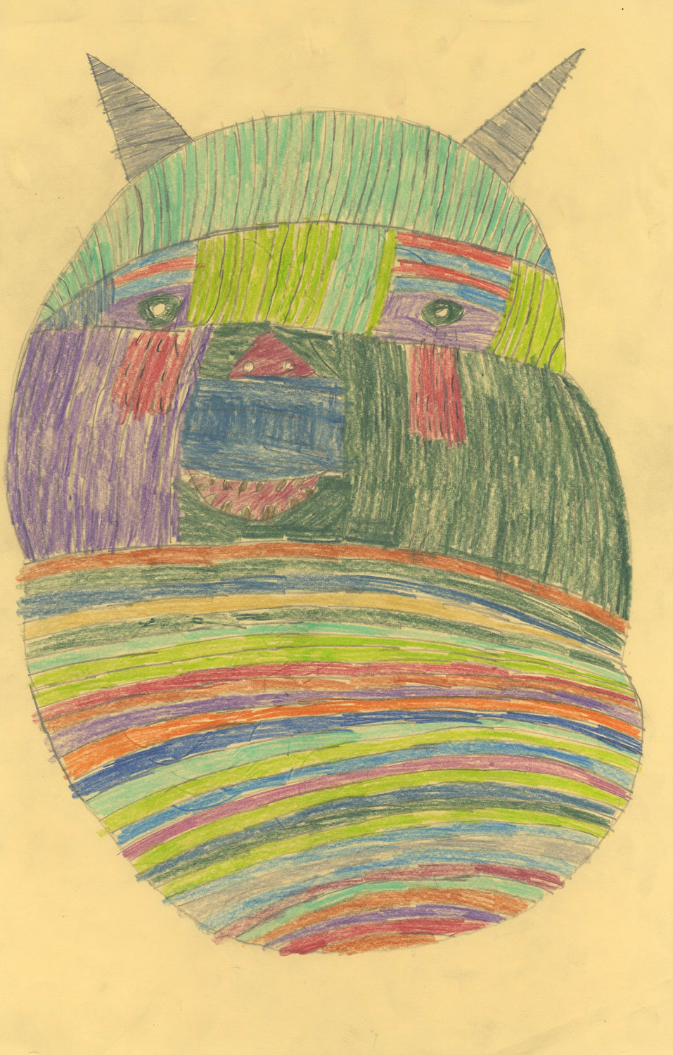 This multicolored drawing of the face of a cat consists of vibrant shades of red, green, blue and purple against a muted yellow background.