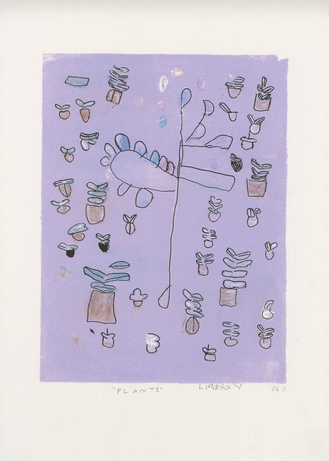 A mixed media print on white paper. The background is a square of pale lavender with the outlines of potted leafy plants peppered across the surface.