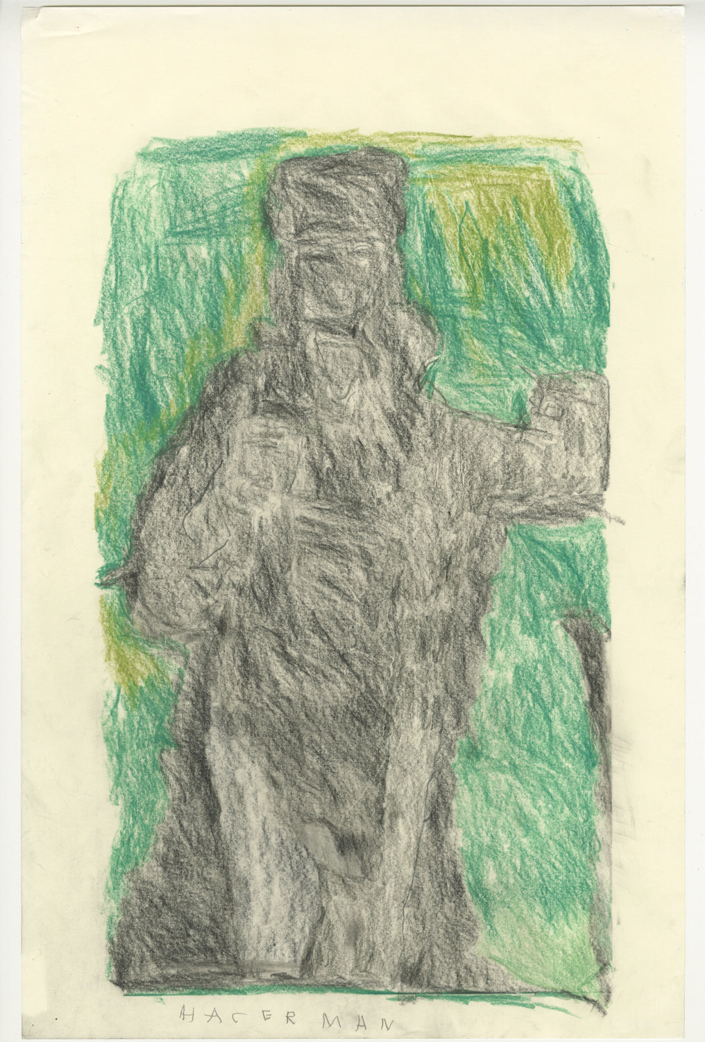An abstract drawing of a figure in black color pencil against a green background.