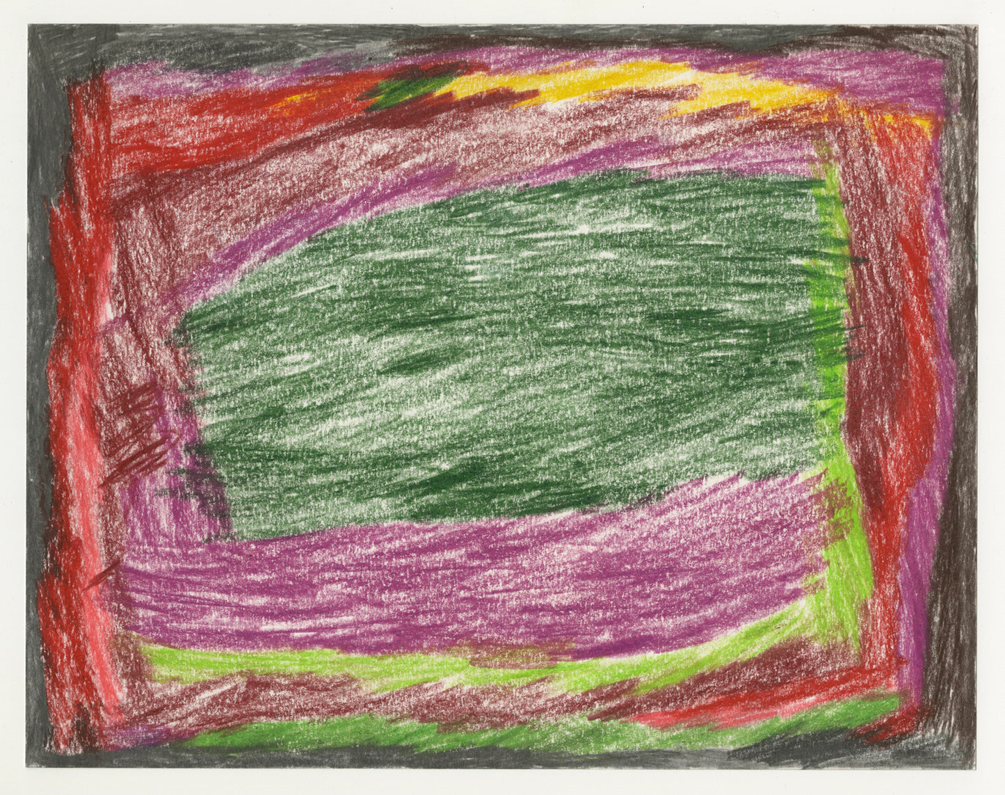 Abstract crayon drawing with layered bands of color surrounding a large green central shape. Thick strokes of purple, red, pink, black, and bright green create a rough rectangular border around the center. The composition has a bold, expressive feel with strong contrast between the dark outer edges and the lighter green interior.