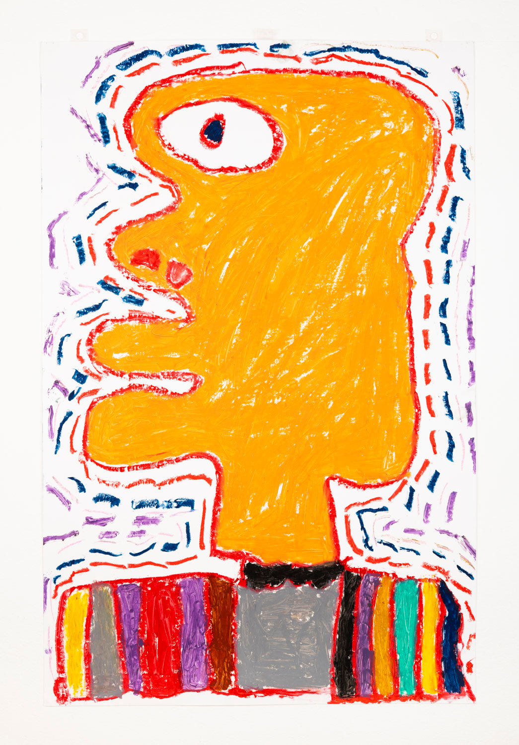 This is an oil stick portrait of an abstracted figure. The figure has and orange head and distorted proportions. They are wearing a colorful, striped shirt and there are dotted marks surrounding the head against a white background.