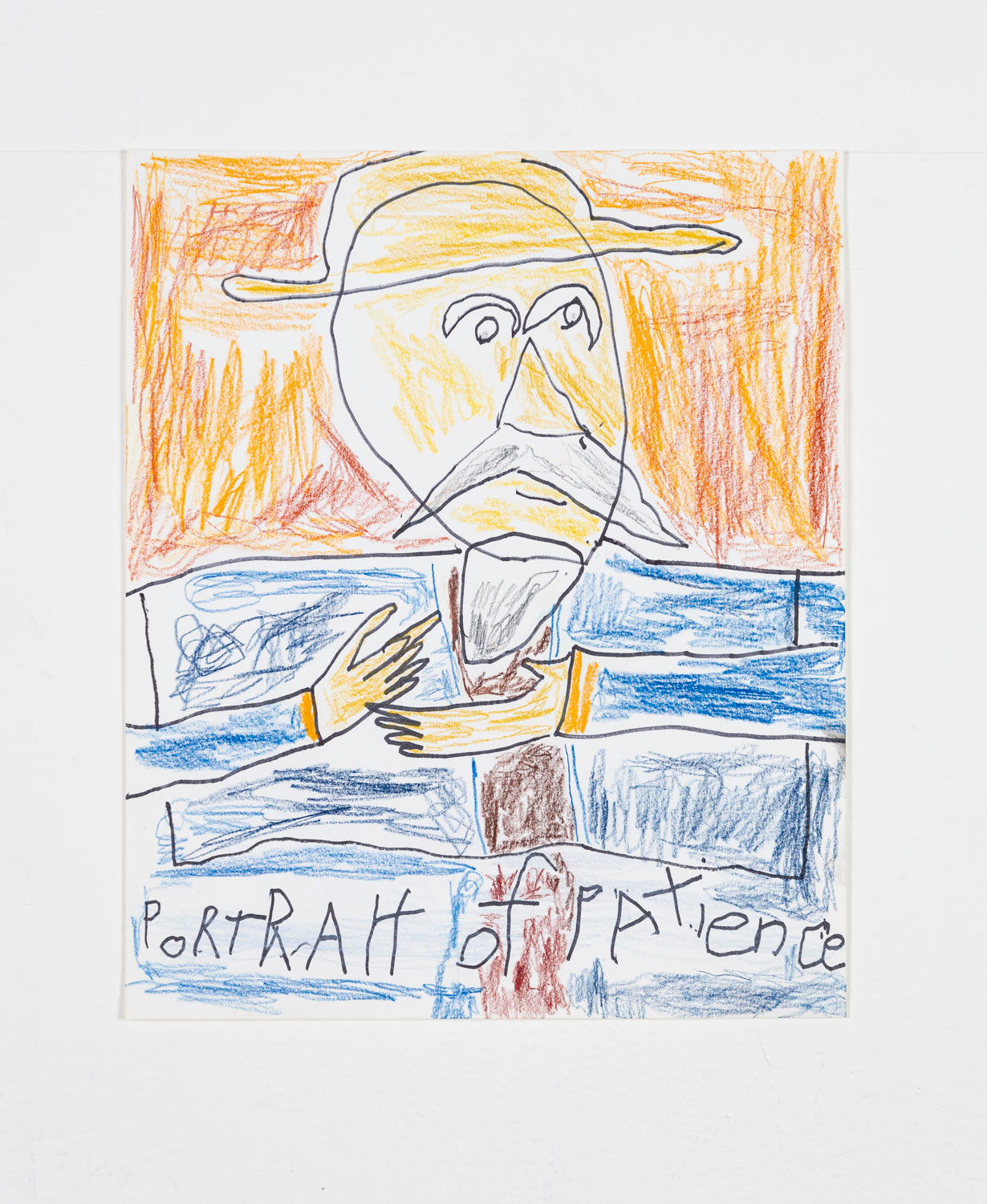 This drawing is a portrait of a male figure. The figure is wearing an orange hat, a blue suit with a brown tie. The figure takes up the entire width of the piece, his facial features outlined in black against an orange background. The words 'Portrait of Patience' is written at the bottom of the piece.
