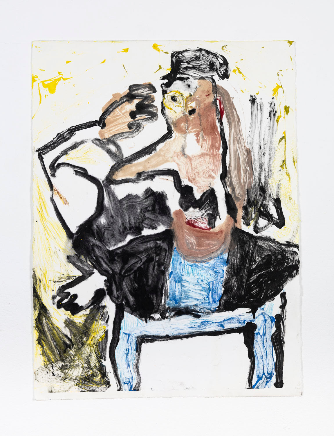 This is an abstract portrait of a male figure. The figure is wearing a blue shirt, black jacket, blue pants and a black hat. The figure's side profile is painted, looking towards the left of the piece. The background contains abstract markings in black and yellow against a white background.