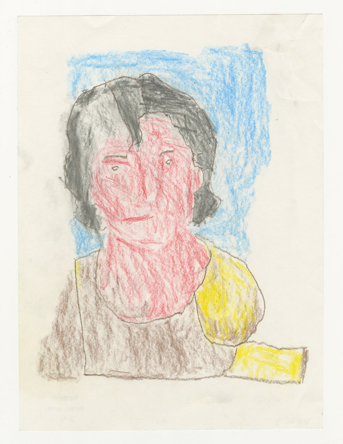 A self-portrait of the artist with black hair, a brown shirt with a yellow sleeve against a white background.