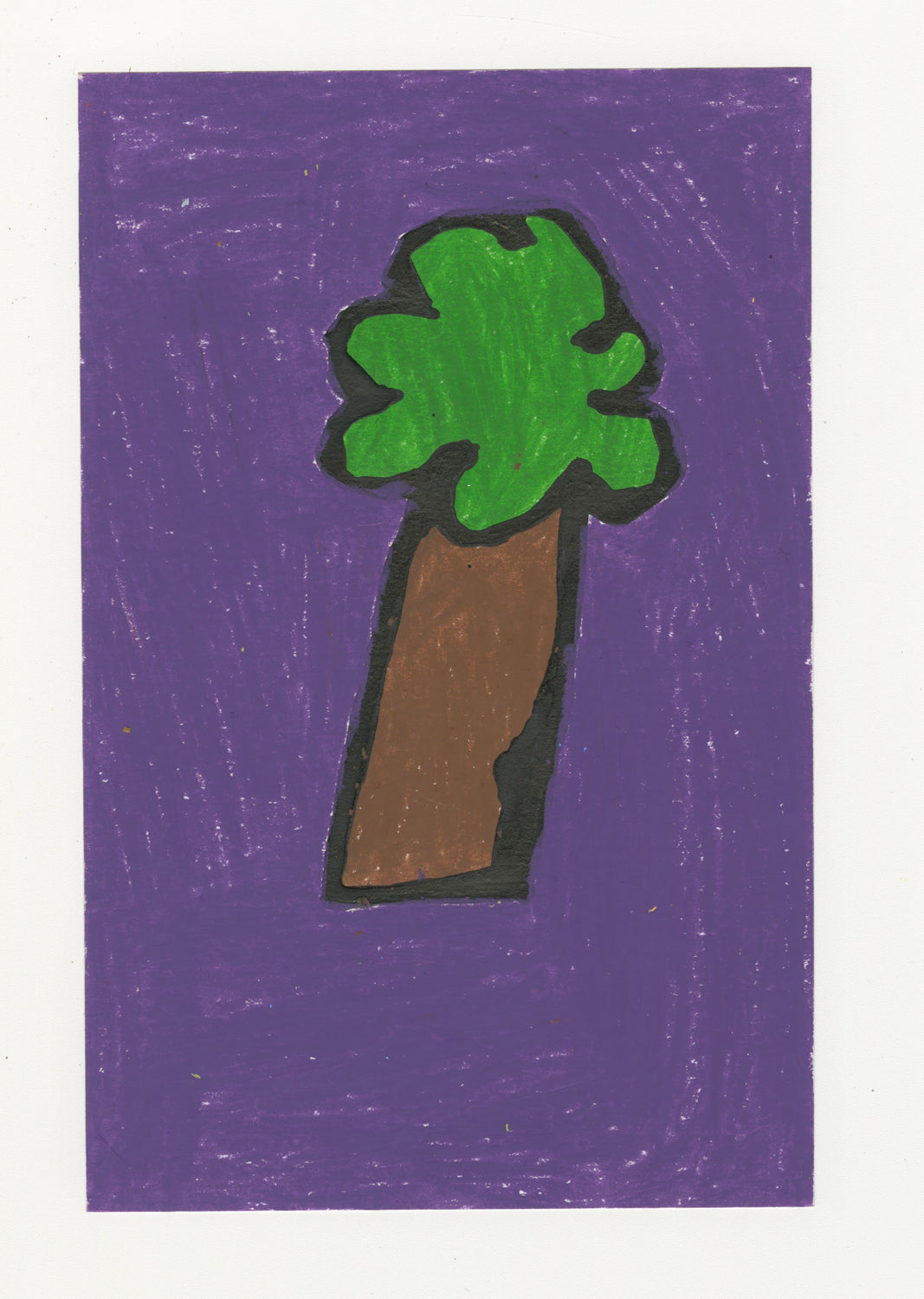 A painting of a tree that is floating in the center of the piece against a purple background.